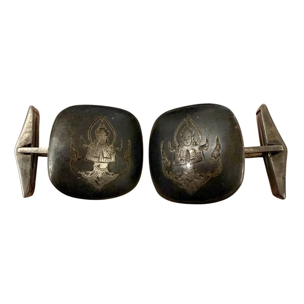 Vintage Sterling Silver Siam Niello Cufflinks Goddess Mekkala Thailand Square